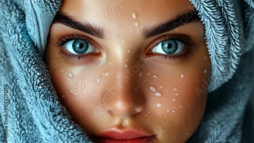 A young woman with striking blue eyes relaxes after a shower, droplets of water glistening on her skin and framed by a soft gray towel, showcasing natural beauty and tranquility