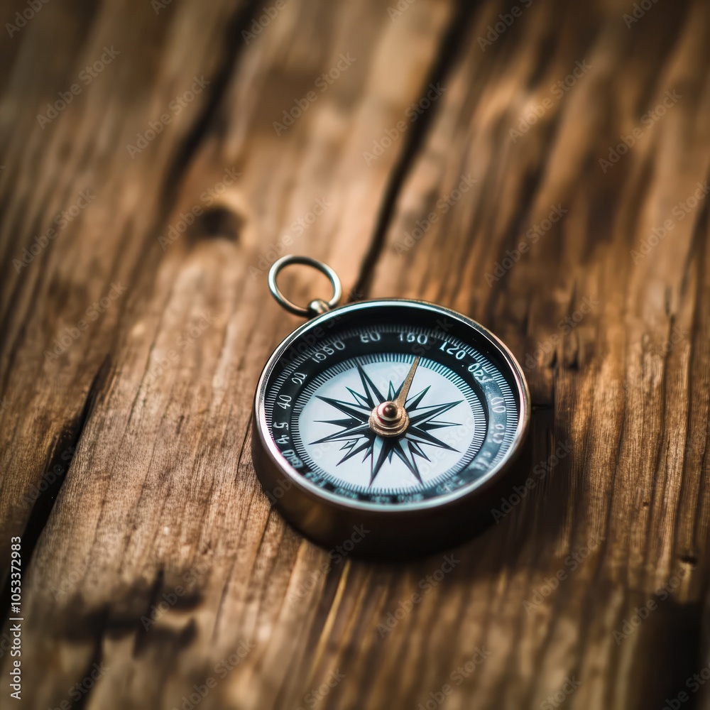 A compass resting on a wooden table A compass resting on a wooden table