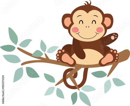 Canvas Print Funny monkey on branch of tree with green leaves