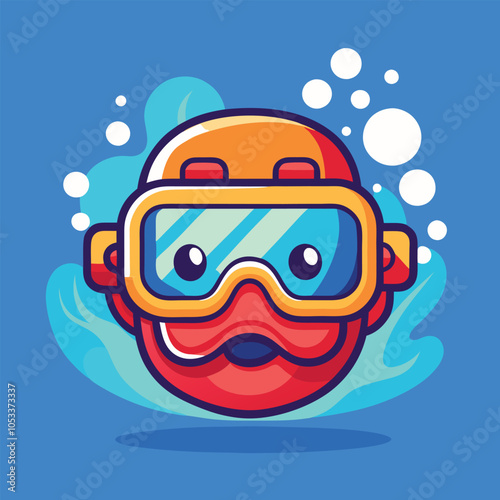 Cute cartoon scuba diver with goggles and air bubbles in the background.