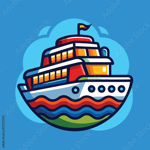 Cartoon illustration of a colorful cruise ship on blue water.