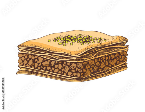 Baklava dessert hand drawn traditional turkish pastry