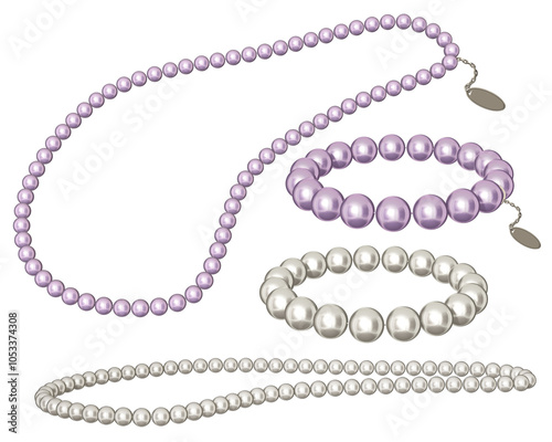 A set of elegant pearl necklaces and bracelets, mixing shades of pink and white. 3D illustration.