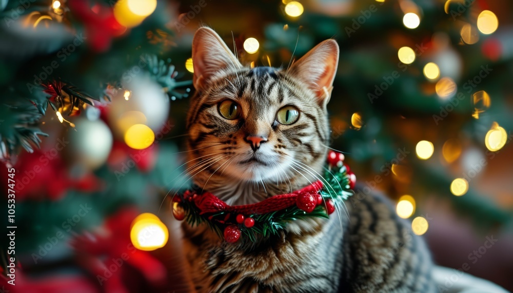 A cute tabby cat with a festive Christmas collar, sitting in front of a decorated Christmas tree with twinkling lights. A cute tabby cat with a festive Christmas collar, sitting in front of a decorated Christmas tree with twinkling lights.