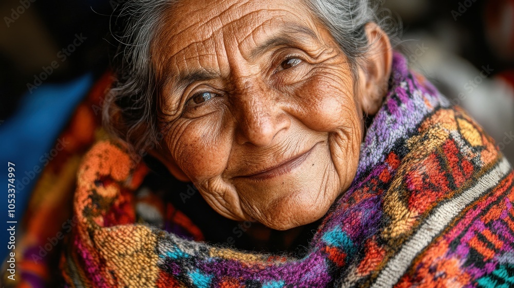 Fototapeta premium Elderly Mexican woman with a shawl and a gentle smile.