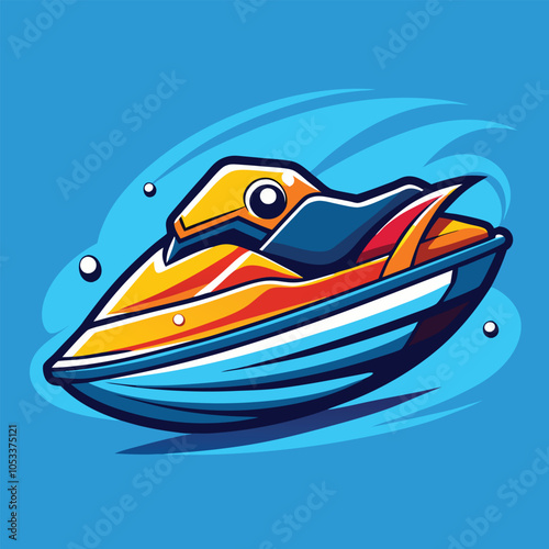 A cartoon illustration of a yellow jet ski, speeding across the water, with a blue background.