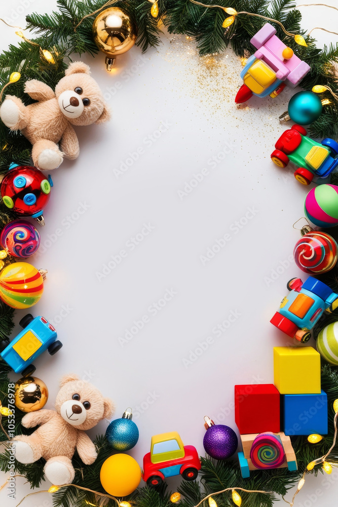 new year's white frame filled with colorful children's toys, new year's ornaments and twinkling garlands with central space for text, festive and joyful holiday atmosphere new year's white frame filled with colorful children's toys, new year's ornaments and twinkling garlands with central space for text, festive and joyful holiday atmosphere