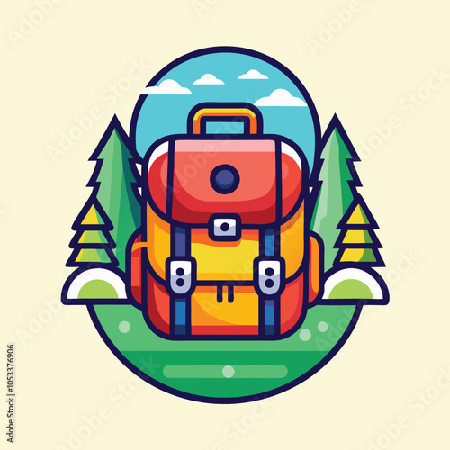 A colorful illustration of a backpack in a forest setting, ready for adventure.