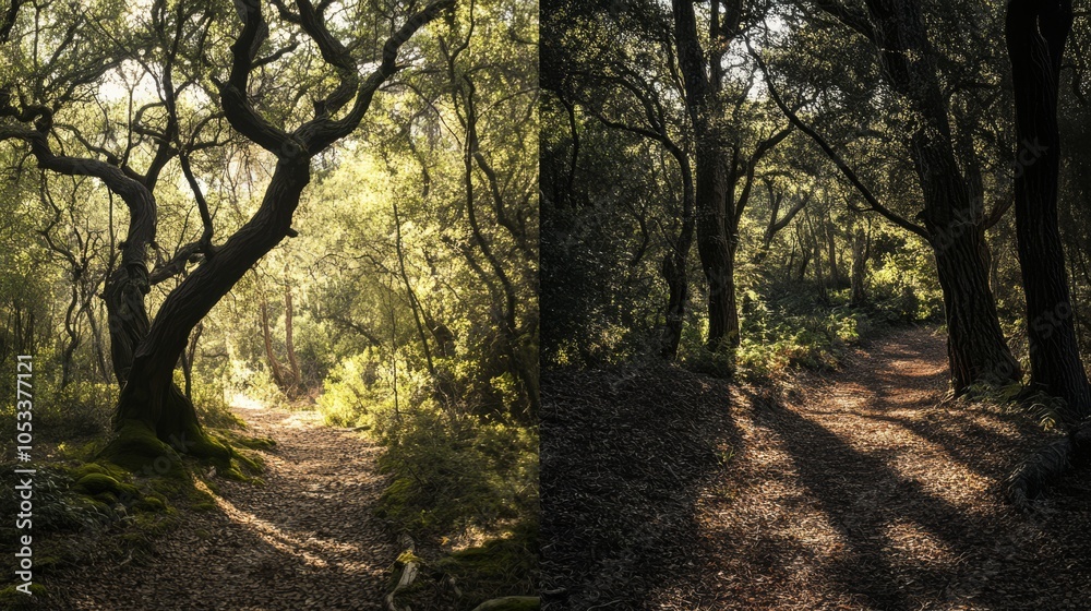 Naklejka premium A dramatic contrast of light and shadows in an ancient forest, symbolizing duality