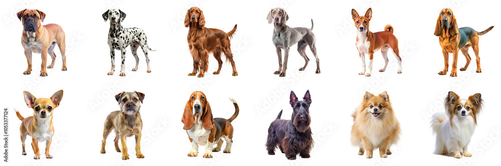 Obraz premium Dog breeds standing isolated on transparent background. Bullmastiff, Dalmatian, Irish Setter, Weimaraner, Chihuahua, Pomeranian, Basset Hound, and more in png collection