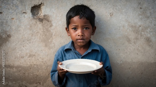 Young boy holds empty plate against textured grey wall, expressing feelings of hunger and need, evoking empathy for underprivileged children. photo