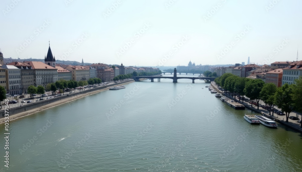 Obraz premium Tranquil River Scene in European City