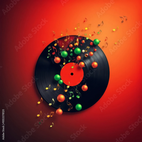 vinyl record on a red gradient background with Christmas balls and multi-colored notes, symbolizes New Year and Christmas music, cover design featuring holiday spirit and nostalgia photo