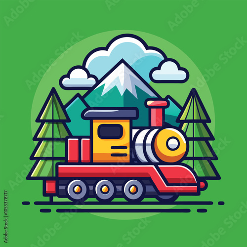 A cartoon train with red and yellow accents on a green background.  A mountain and pine trees make a scenic background.