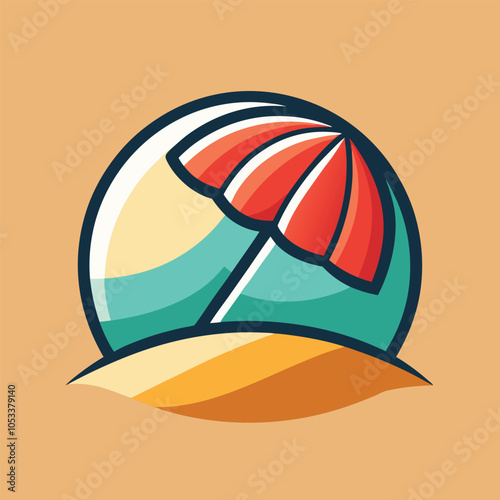 A colorful illustration of a beach umbrella on a sandy beach with the ocean in the background.