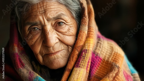 Elderly Mexican woman with a shawl and a gentle gaze.