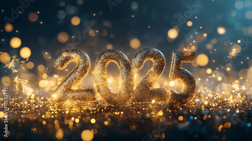 2025 New Year greeting with stylish, golden 3D