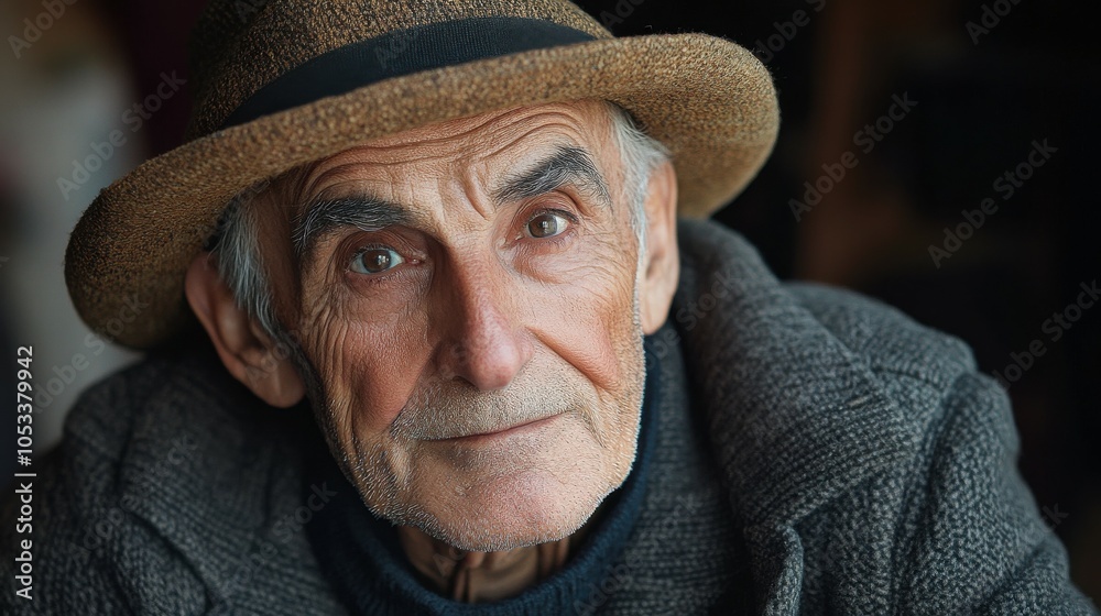 Elderly Italian man with a traditional hat and a gentle expression. Elderly Italian man with a traditional hat and a gentle expression.