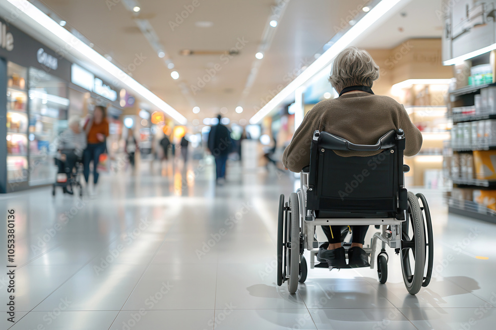 back view of a Person in Wheelchair Independently moving in Busy Shopping Mall back view of a Person in Wheelchair Independently moving in Busy Shopping Mall