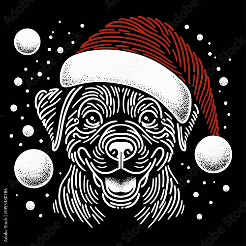 Dog in a Santa Hat Joyfully Playing with Snowballs in a Winter Wonderland