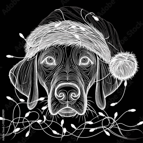 Playful Dog with Red Santa Hat Tangles in Christmas Lights for the Festive Season