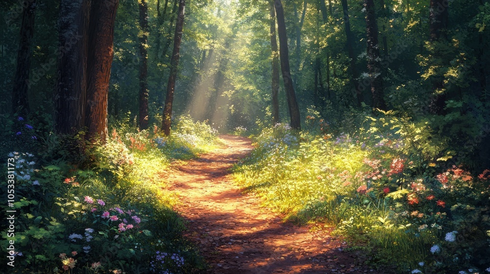 Obraz premium Forest trail with sunlight dappling the ground