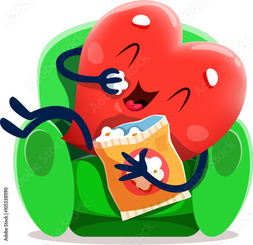Cartoon funny heart character sitting on chair and eating popcorn, vector emoji. Happy heart character on sofa with popcorn in cinema theater or weekend home chillout for Valentine day love emoticon