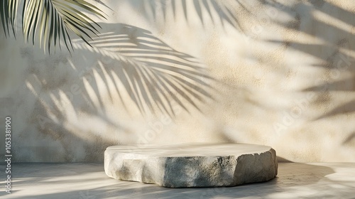 cylinder podium product display with palm leaf shadows with copy space background, generative ai