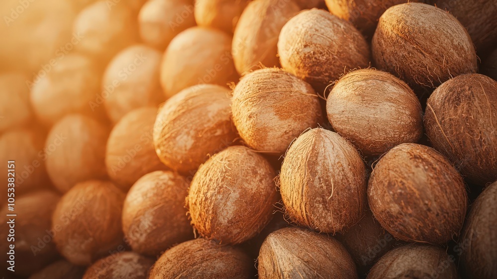 Close-up of a pile of coconuts stacked together in a market, with a warm golden light filtering through, Coconuts at a market, Natural and fresh Close-up of a pile of coconuts stacked together in a market, with a warm golden light filtering through, Coconuts at a market, Natural and fresh
