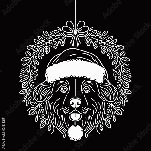 Playful Dog in a Red Santa Hat Hanging Upside Down from a Festive Wreath