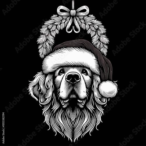 Playful Dog in a Red Santa Hat Hanging Upside Down from a Festive Wreath