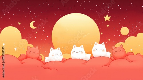 Cute Cartoon Cats Sleeping on Clouds in Moonlight photo