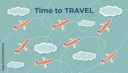 Travel background. Airplanes in the sky. Stickers collage. The concept of flight and vacation.