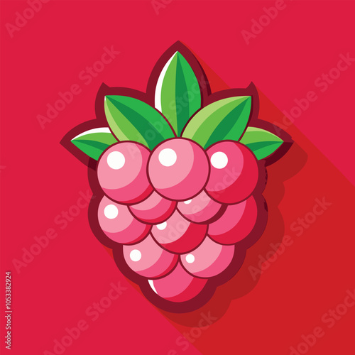 A cartoon illustration of a single raspberry with a long shadow. The berry is a vibrant pink color with green leaves.