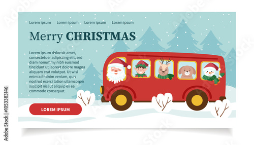 Christmas web banner. Santa Claus driving a bus with characters. Christmas background.