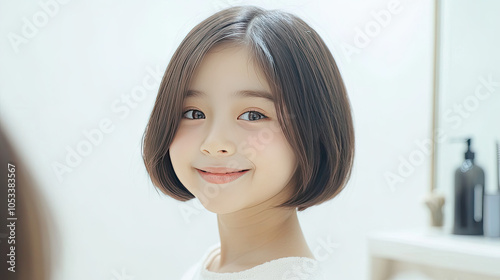 A photo of an Asian girl with short hair, a round face, and double eyelids. The setting is a bathroom, in front of a mirror, with a white background.