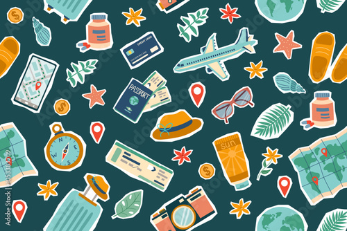 Travel seamless pattern. Travel and summer concept. Background of travel stickers objects. Hand drawn flat illustration.