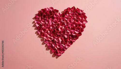 A heart-shaped arrangement of red petals against a pink background.	