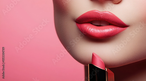 Beautiful and artistic, lipstick, lips with bright and soft colors, pink background, close-up, ultra-realistic photo.