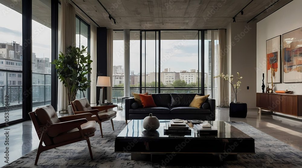Fototapeta premium Spacious Modern Art Apartment With Statement Art And City Views