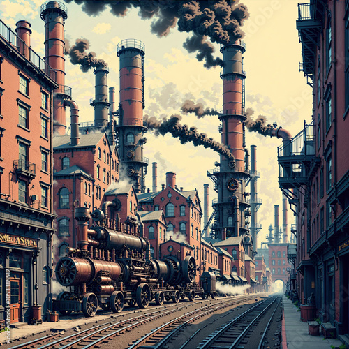 Obraz na płótnie An industrial city with towering smokestacks and Victorian architecture, with mechanical elements and steam-powered machinery in every corner. w salonie