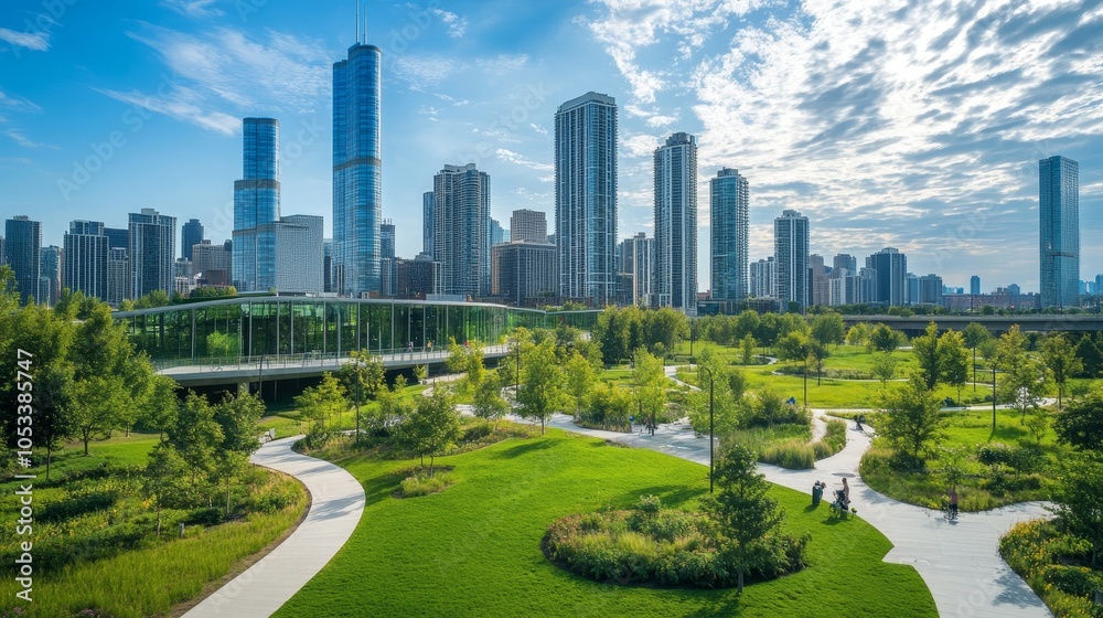 Modern business district with eco friendly buildings, green spaces, and sustainable companies Modern business district with eco friendly buildings, green spaces, and sustainable companies