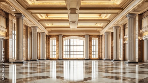 A spacious, elegant interior featuring large windows, marble floors, and decorative columns.