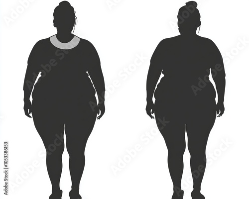 Flat and Black Silhouette of Overweight Woman Front View Isolated on White Background Generative AI photo