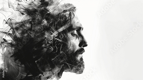 Double exposure of Jesus Christ and the cross on a white background photo