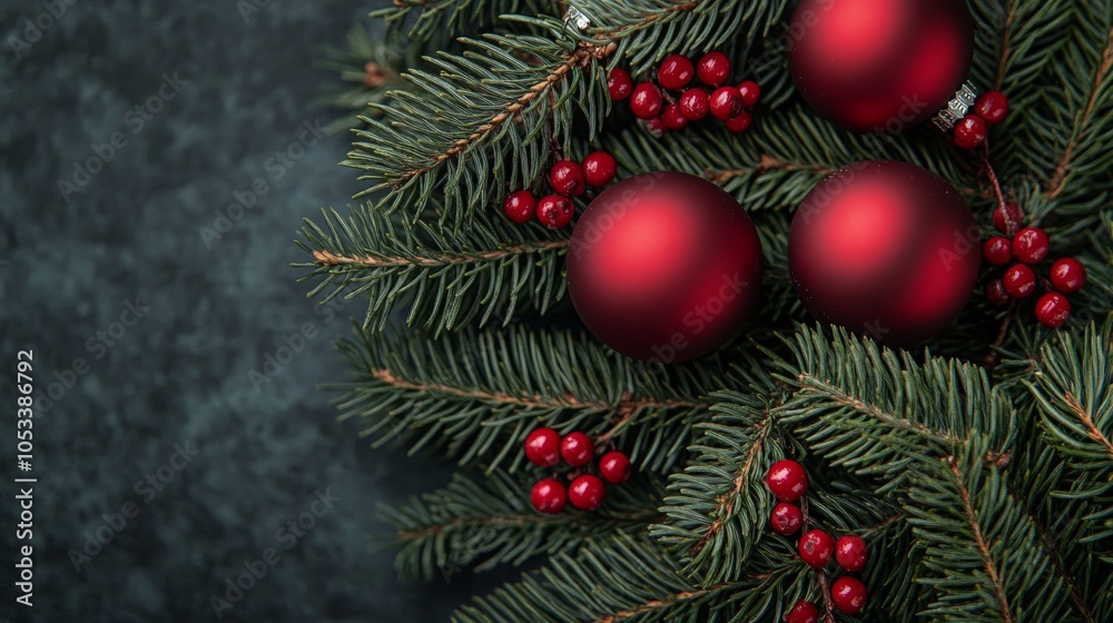 Fir tree branches with red Christmas balls frame Fir tree branches with red Christmas balls frame