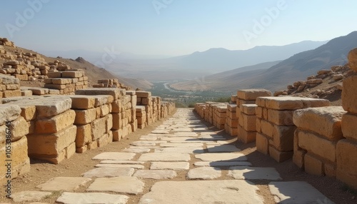  Ancient stone pathway through a desert landscape photo