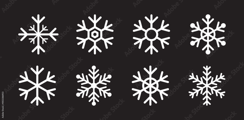 Snowflake set on isolated background. Isolated snowflake collection. Frost background. Christmas icon. Vector snowflakes black and white. Vector illustration of snowflakes of different shapes. Snowflake set on isolated background. Isolated snowflake collection. Frost background. Christmas icon. Vector snowflakes black and white. Vector illustration of snowflakes of different shapes.