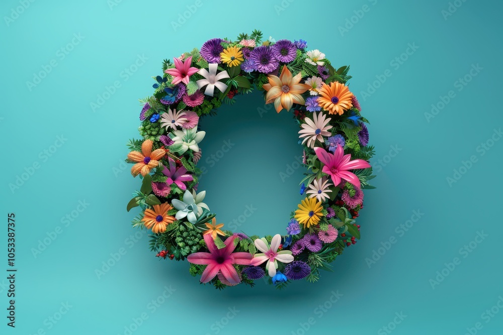A flower wreath made of flowers and leaves that spell out the letter O A flower wreath made of flowers and leaves that spell out the letter O