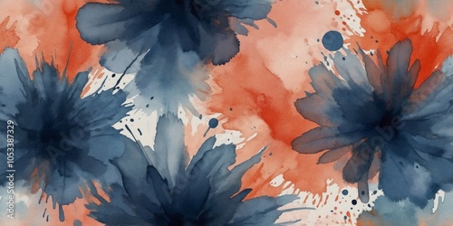 Navy Blue and Coral Peach Watercolor Splashes Abstract. photo